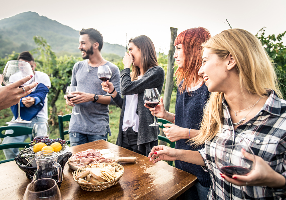 Group of friends enjoying a dinner party in a lush garden